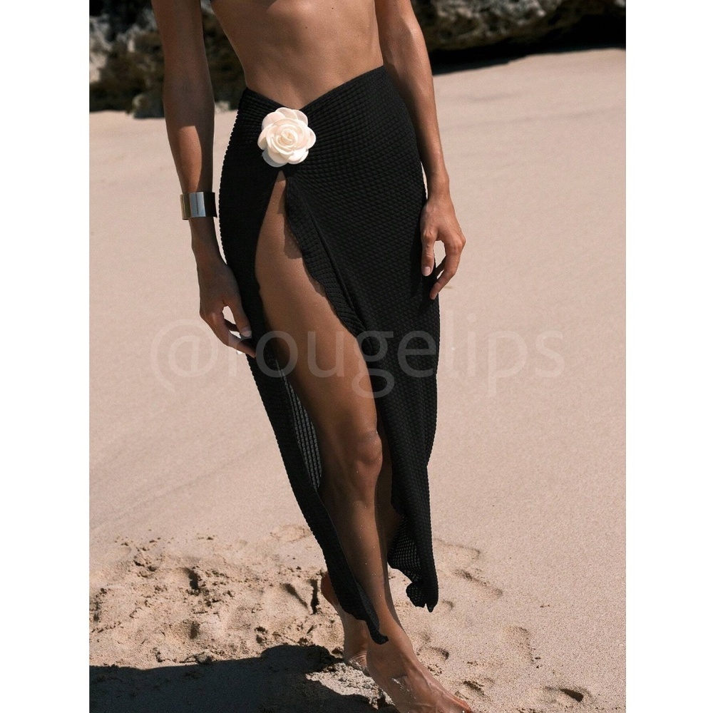 Black Beach Sarong Skirt with Flower Detail  Stretchy Semi-Sheer